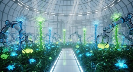 Advanced Robotic Greenhouse Cultivating Bioluminescent Plants for Future Agriculture