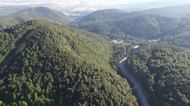 Aerial view of winding asphalt mountain road among green trees in summer. (Domani&ccedil;,İneg&ouml;l dağ yolu)	
