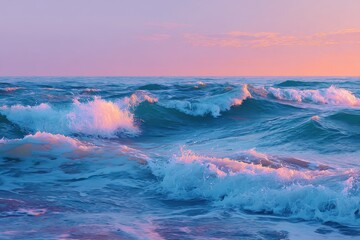 Fototapeta premium Dawn breaks over the tranquil sea, waves gently rolling in a symphony of colors and reflections beneath the soft light of morning