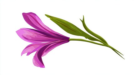 Obraz premium Close-up illustration of a vibrant purple lily flower with green stem and leaves against a white background.