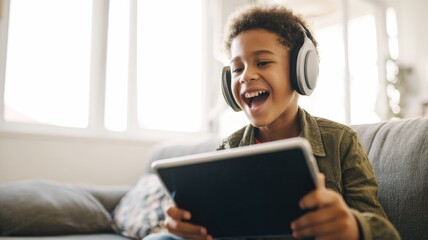 A teenager sits on a light-colored sofa with headphones around his neck. He holds a tablet with a plain black screen on his lap and laughs joyfully.