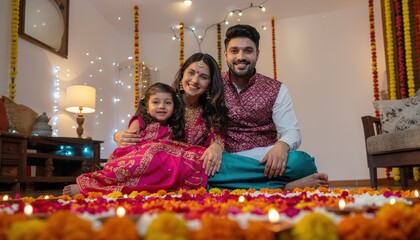 "Indian Family Lighting Diyas Together with Colorful Rangoli During Happy Diwali Celebration