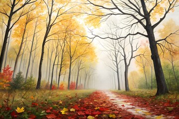 Fototapeta premium A misty forest path covered in red and yellow autumn leaves with bare trees fall road