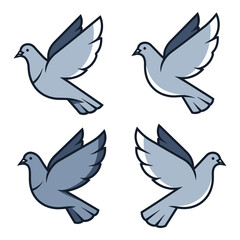Four stylized pigeons flying gracefully in different poses artistic depiction