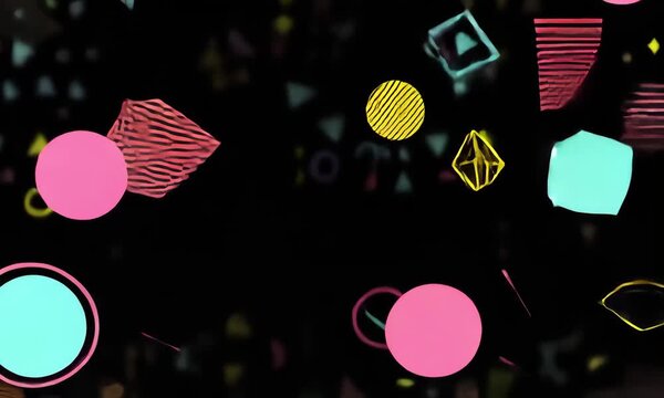 Seamless 90s style pattern with geometric shapes and bright colors on a black background