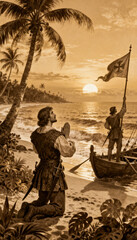 Man kneeling in prayer on a beach with a ship and flag at sunset in a sepia toned illustration
