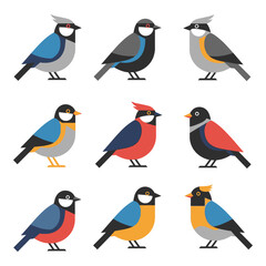 Diverse collection of small cartoon birds posed individually with colorful plumage