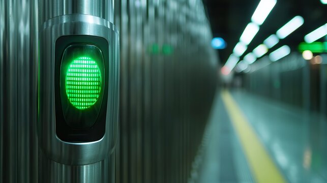 Public transport ticket validator sensor, green light, card scan, 