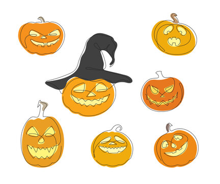 Halloween set of vector icons of colorful doodle pumpkins