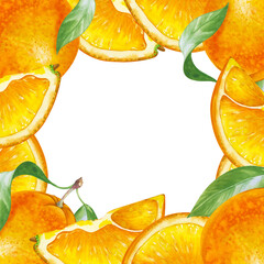 Watercolor square frame with ripe oranges, hand-drawn. Botanical template with whole fruits, slices, green leaves, with an empty place to insert. A border with juicy bright oranges.