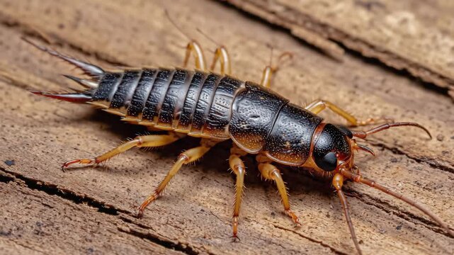 Close up of an earwig insect on a wooden surface macro photography.