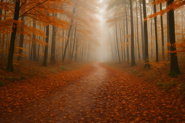A serene forest path blanketed with colorful autumn leaves on a foggy morning. Atmospheric woodland scenery with soft light and warm fall tones, ideal for seasonal designs, travel themes, mindfulness,