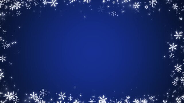 blue christmas and new year snowflakes border frame with shiny bokeh lights and glitters animation, winter holiday social media motion background	