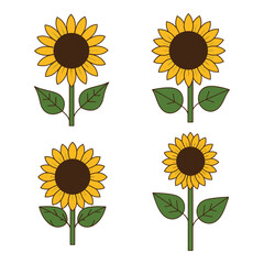 Four cheerful sunflowers blooming brightly with green leaves