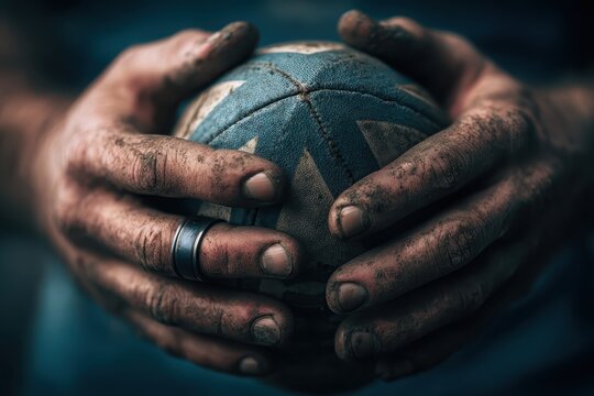Rugby player holds a worn ball with dirt-covered hands, showcasing dedication and intensity during gameplay preparation on a muddy field