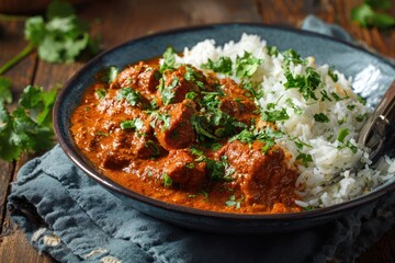 Fototapeta premium Indian butter chicken curry with basmati rice and cilantro