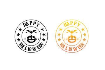 Black and orange Halloween circular emblems with pumpkin bats and stars
