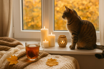 A warm hygge-inspired autumn scene with a cat sitting on a windowsill, a steaming cup of tea, and glowing candles. Golden autumn leaves visible outside the window create a cozy and relaxing atmosphere