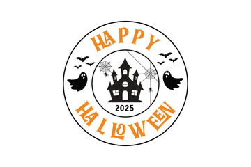 Black haunted house with bats ghosts and spiders on white