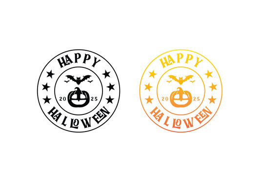 Black and orange Halloween circular emblems with pumpkin bats and stars