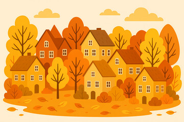A cozy autumn illustration of a small town with charming houses surrounded by trees in vibrant yellow and orange tones. Warm seasonal colors and playful flat design, perfect for lifestyle, seasonal 