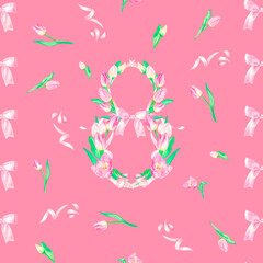 Festive seamless pattern with a beautiful composition of the number eight for International Women's Day with pink tulips, ribbons, bow and gold pearls, hand drawn in watercolor.
