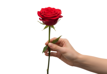 Hand Holding Single Red Rose Against Black Background