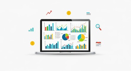 Business Data Analytics Dashboard on Laptop with Financial Growth and Performance Icons on White Background