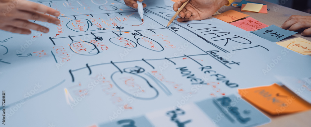Poster hands in a collaborative workspace engage in project planning, using colorful sticky notes and marke