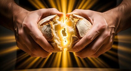 Hands breaking bread with light beams shining out dramatically.