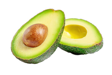 Fresh ripe avocado halves with pit, isolated on white transparent background