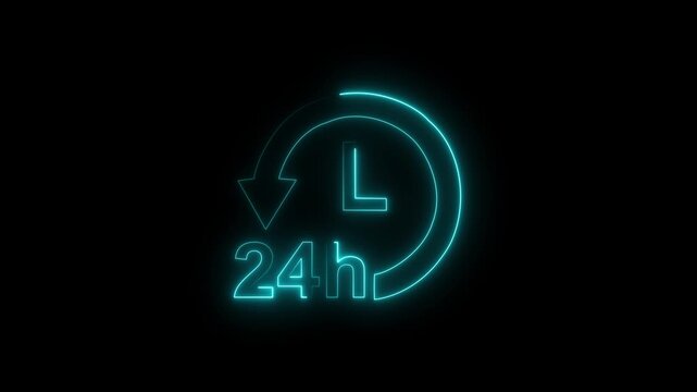 Glowing neon 24 Hour Clock Icon, Stopwatch Timer Animation, Alpha Channel, HUD Style Stopwatch Animation, 4K Circular Countdown. 4k rendering video motion animation.