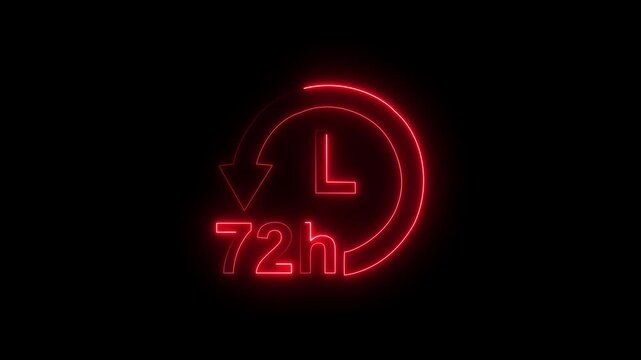 Glowing neon 72 Hour Clock Icon, Stopwatch Timer Animation, Alpha Channel, HUD Style Stopwatch Animation, 4K Circular Countdown. 4k rendering video motion animation.