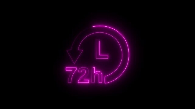 Glowing neon 72 Hour Clock Icon, Stopwatch Timer Animation, Alpha Channel, HUD Style Stopwatch Animation, 4K Circular Countdown. 4k rendering video motion animation.