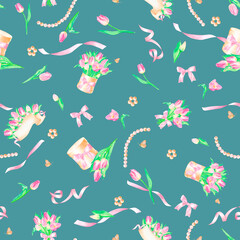 Fototapeta premium Seamless pattern with bouquet, template, box with bow pink tulips ribbons pearls, hand drawn in watercolor.