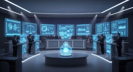 Futuristic Command Center with Holographic Displays, Business Professionals, and Panoramic City View