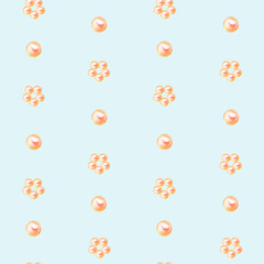 Seamless pattern with golden pearls and pearl flower, hand drawn in watercolor.