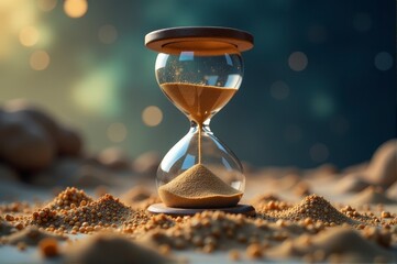 An hourglass on sand with scattered grains, representing time passing and reflection.