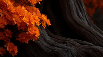 Orange flowers blooming beside tree trunk