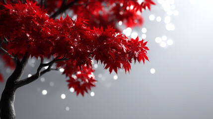 Red maple leaves on tree branch with bokeh