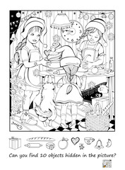 Can you find 10 objects hidden in the picture? Logic puzzle game. Illustration of three sisters cooking for Christmas. Page for kids brain teaser book. Coloring book. Black and white hand drawn vector