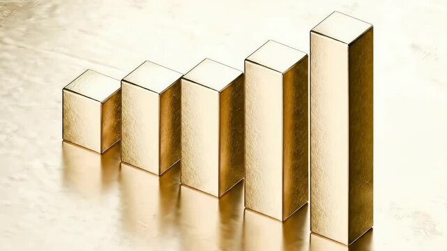 rotating around golden 3d bar chart graph, reflective floor