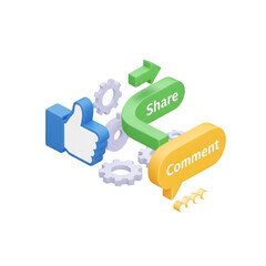 Social media like, share, comment icons with gears isolated on transparent background
