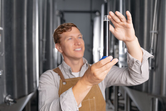 Male brewer inspecting liquid dark fresh beer in test tube at brewery facility