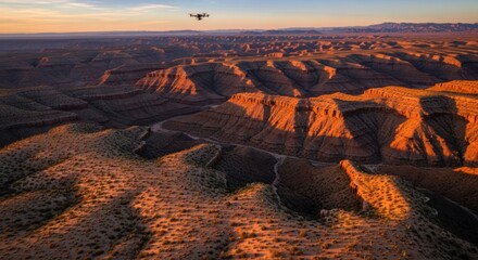 Aerial View of a Majestic Desert Canyon Landscape at Golden Hour with a Drone, Highlighting Rugged Ridges and Dramatic Shadows at Sunset or Sunrise