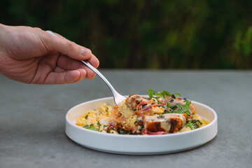 Person eating delicious gourmet chicken and vegetable dinner
