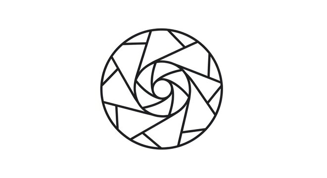 Abstract Black and White Geometric Spiral Art Icon with Camera Aperture Motif, Minimalist and Modern Optical Design Element