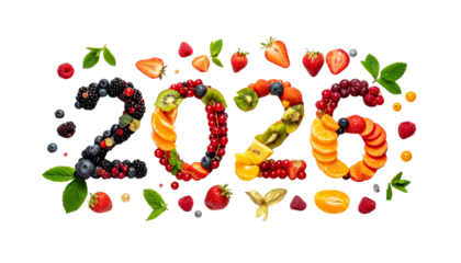 2026 Design Made from Fresh Fruits Healthy Food Art For New Year Concept Isolated on White Background