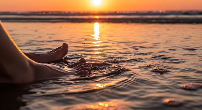 Bare feet soaking in the gentle ocean waves during a golden sunset.