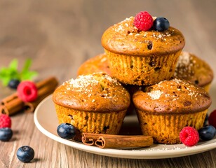 Stacked muffins with berries and cinnamon